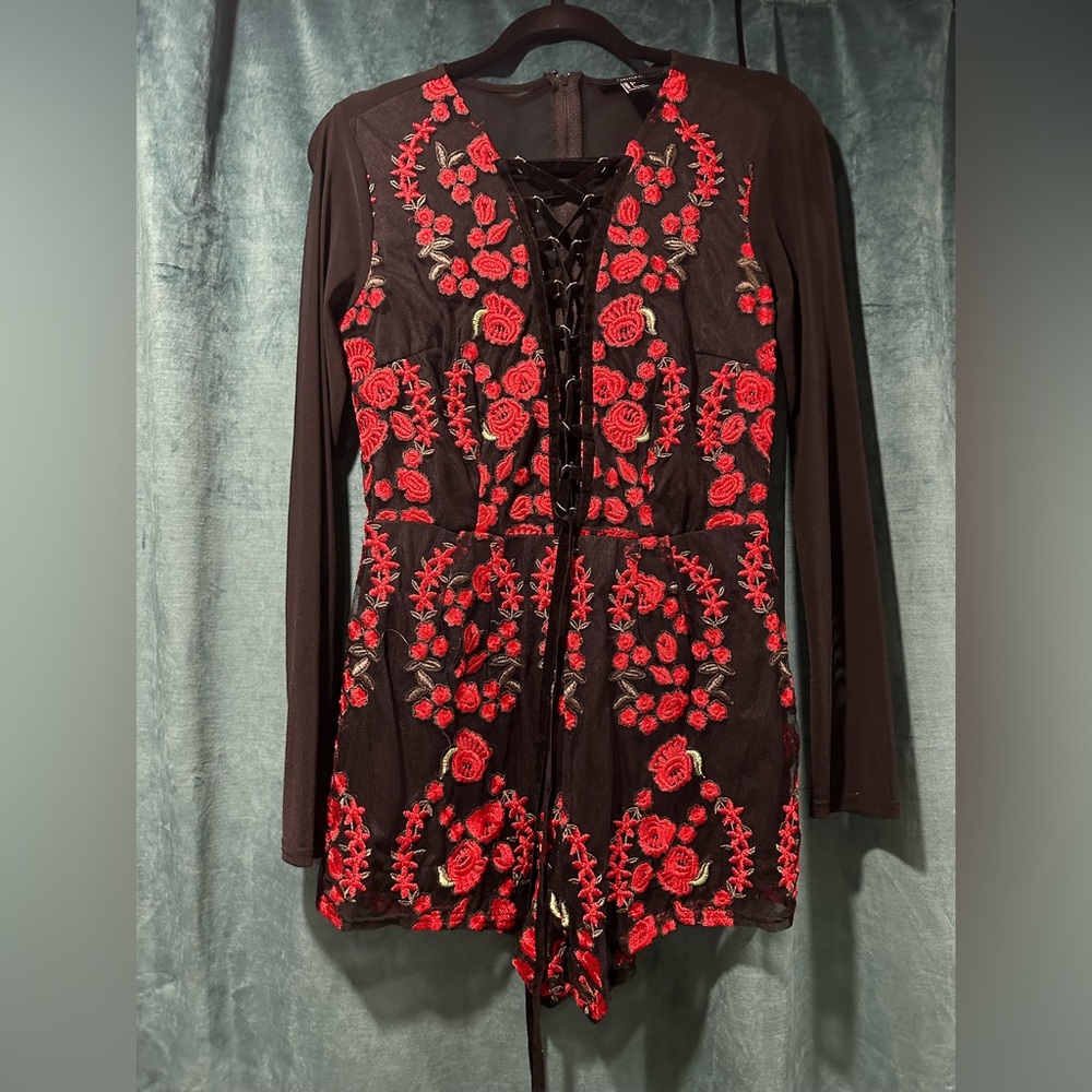 COPY - Sexy Sheer Lace Up Embroidered Rose Romper Size Large
